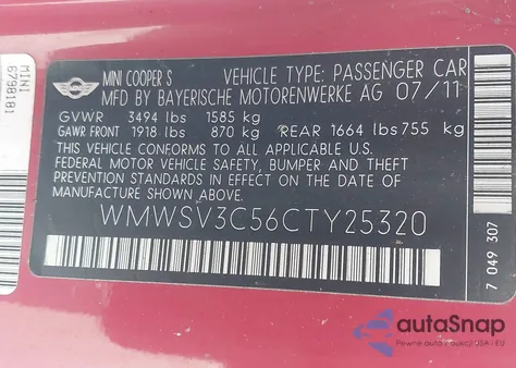 2012 Mini Cooper S z USA, uszkodzony, nr VIN WMWSV3C56CTY25320